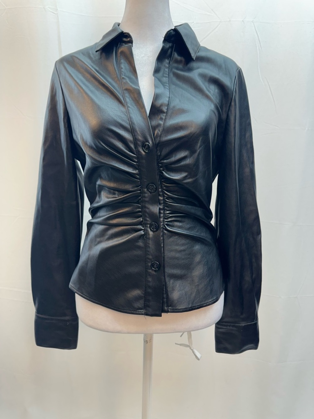 Zara Black Faux Leather Ruched Button-Down Shirt S